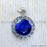 Lunette ronde naturelle faite à la main avec saphir bleu pendentif en argent Sterling 925 bijoux fins pour femmes