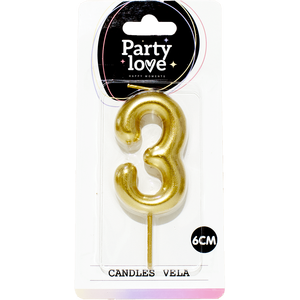 Bougie dorée numéro 3 Party Love 6 cm pour décoration de gâteau - Product Image 1