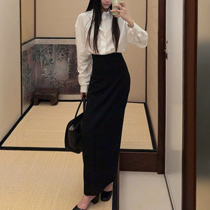 Women's Black <b>Wool</b>-Look High Waist Vintage Breathable <b>Wrap</b> Design Maxi Skirt Luxury Elegant Slim Fit <b>Wool</b>-Polyester Blend - Product Image 1