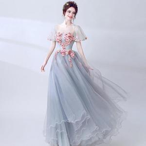 Blue Grey Tulle Ball Gown Sweetheart Neckline Floral Print Evening Dress Empire Waist Petite Slimming Party Dress - Product Image 2