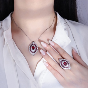 Bijoux de mode écologiques en cuivre, ensemble bague et collier pour femme avec zircon rouge 8*10MM, design encastré, pour un cadeau de la Saint-Valentin - Product Image 6
