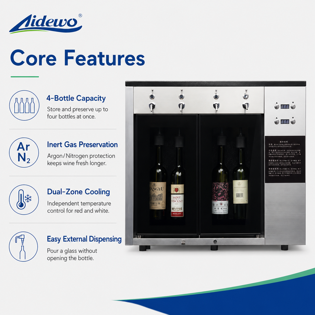 AIDEWO SC-4SB Commercial 4 Bottle Wine Dispenser with Display Screen Dual Temperature Control Argon Nitrogen Preservation
