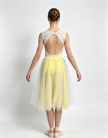 Robe de danse de ballet en dentelle jaune et blanche sans manches, jupe en tulle mi-longue, costume de danse lyrique pour femme pour spectacle sur scène