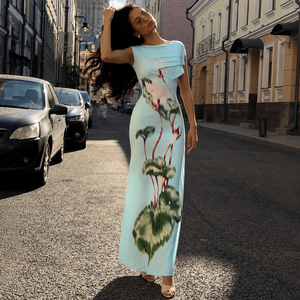 Robe longue moulante élégante et flatteuse à imprimé floral, col asymétrique, style vacances, coupe ajustée et sexy - Product Image 4