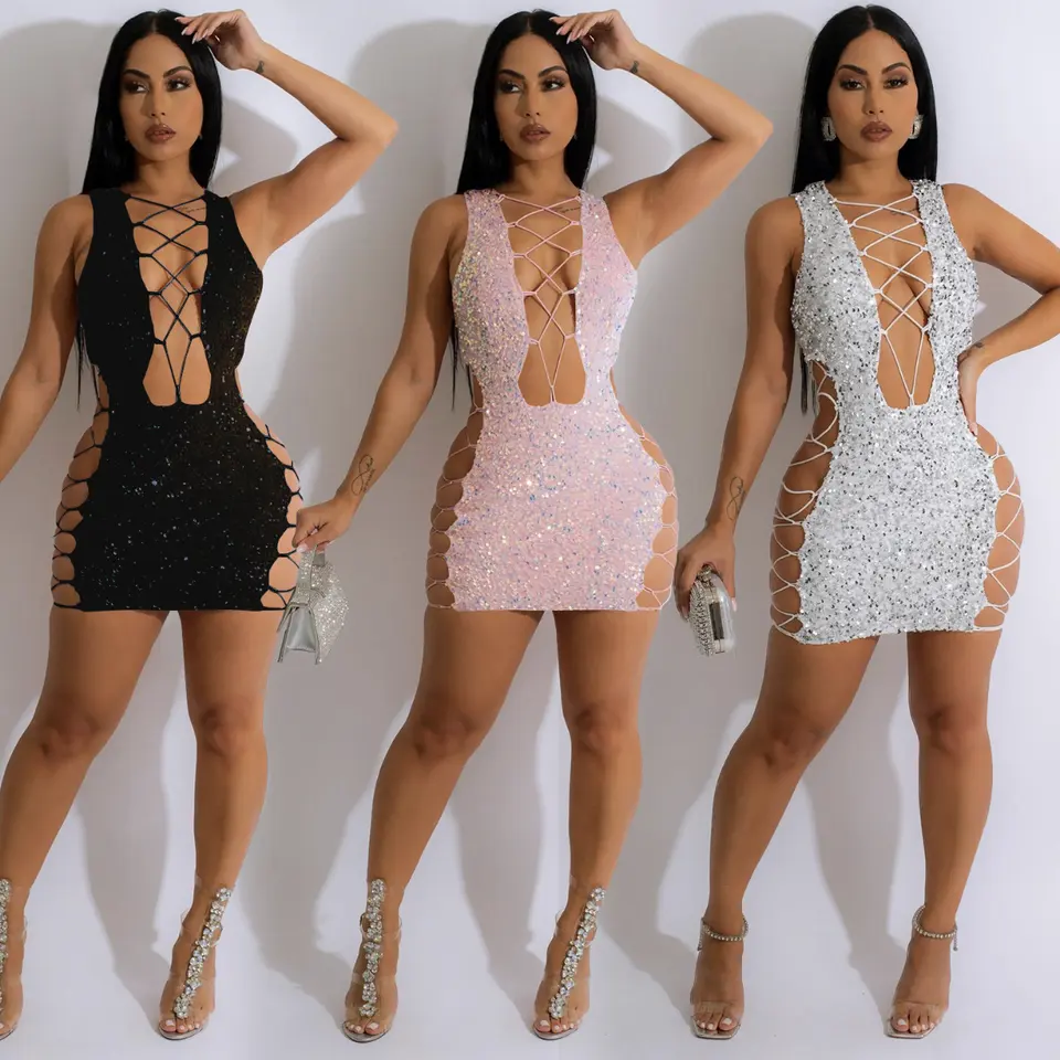 Summer 2023 Women Clothing Lace Up Hollow Out Sexy Club Outfit Trendy Sequin Club Wear Bodycon Dress