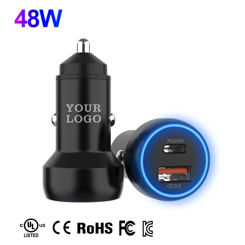 Factory Wholesale Mini Matel Fast Quick Smart Adaptor 48w Adapter Pd Qc3.0 Type C Plug Usb 2 Port Usbc Mobile Phone Car Charger