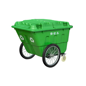 Hand Pushed Garbage Truck 400L <b>Plastic</b> Sanitation Cleaning Cart 3 <b>Wheels</b> Outdoor Municipal Use Green Gray Blue White - Product Image 4