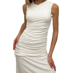 Vestidos Midi Ajustados con Cuello Redondo, Sin Mangas, Plisados Irregulares, de Alta Calidad, Personalizables al por Mayor para Mujer - Product Image 4