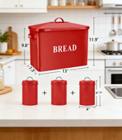 Boîte de rangement pour pain en métal rouge rectangulaire pour la cuisine, avec couvercle en métal et trous d'aération au dos, revêtement en poudre, récipient alimentaire
