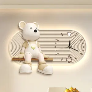 Dining room decorative painting with clock violent bear cartoon Led light wall art background wall hanging creative painting