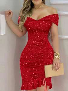 Abito Senza Maniche <span class=keywords><strong>con</strong></span> Paillettes - Vestibilità Aderente <span class=keywords><strong>con</strong></span> Pieghe - <span class=keywords><strong>Gonna</strong></span> a Tubino <span class=keywords><strong>con</strong></span> Volant - Abito da Sera Sexy e Snellente - Product Image 6