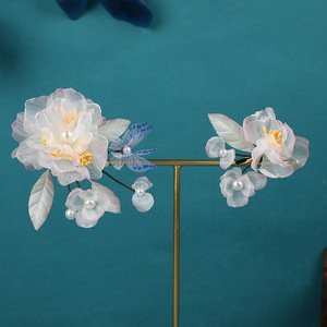 Nuevos accesorios para el cabello de estilo antiguo, pinzas hechas a mano con flores de gasa rosa y mariposas azules, peinado de hada para disfraz antiguo - Product Image 4