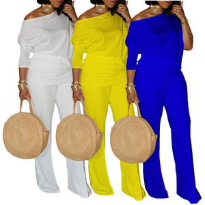 Son Moda Sonbahar Tulumu Kadınlar İçin Zarif Tek Renk Slash Yaka Geniş Paçalı Tulum - Product Image 1