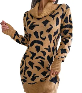 शरद ऋतु और सर्दियों में महिलाओं के लिए टाइट स्लिम काउल हाई नेक स्वेटर ड्रेस हाई नेक लेपर्ड प्रिंट लंबी आस्तीन वाली बुना हुआ ड्रेस