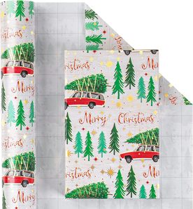 Christmas aluminum gift wrapping paper with Christmas <b>tree</b> <b>car</b> star patterns with back cutting lines for children Customizable - Product Image 2