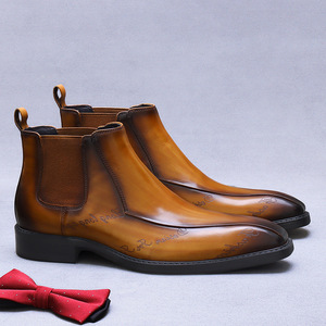 Botas Chelsea para Hombre, Cuero Genuino, Punta Puntiaguda, Altura al Tobillo, Suela de Goma Transpirable, Color Sólido, Logotipo Grabado, Estilo Casual de Negocios - Product Image 1