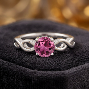 Anillo Solitario Redondo de Circonita Rosa Cultivada en Laboratorio para Mujer con Diseño de Banda Infinita en Oro 10K/14K/18K y Plata 925/935 para Fiesta - Product Image 1