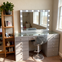 Coiffeuse en Promotion avec Miroir LED et Tiroirs, Meuble de Chambre Professionnel