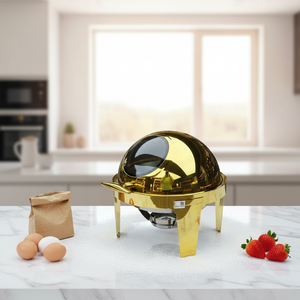 Pratico Set Scaldavivande <span class=keywords><strong>da</strong></span> Buffet <span class=keywords><strong>da</strong></span> 6 Litri in Acciaio Inossidabile Dorato con Coperchio in Vetro Trasparente Rotondo per Feste - Product Image 4
