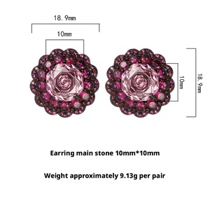 Boucles d'oreilles vintage en cuivre écologique plaqué or noir, zircon violet taille rose 10*10mm, motif fleur, pour femme - Product Image 2