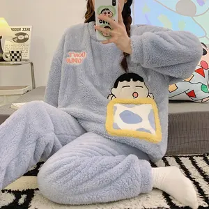 Hiver Nouveau Style Plush Warm Pajamas Flange Rose Velvet Pajamas Women's Suit Pullover Round Neck Cute Cartoon Sleepwear