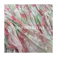 Tissu en Chiffon Froissé Ombré Rose-Vert avec Broderie Feuille et Branche en Fil Doré, 100% Polyester, Imprimé Dégradé Semi-Transparent Fluide