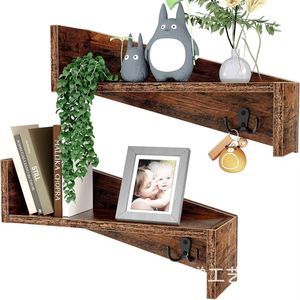 Retro Wooden Wall Mount Storage <b>Rack</b> With Hooks For Keys And Coats Multipurpose <b>Shelf</b> Rectangle Solid Wood Design - Product Image 3