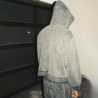 Sudadera con capucha personalizada para hombre, estilo urbano, oversize, con lavado ácido, efecto desgastado, con cremallera y pedrería
