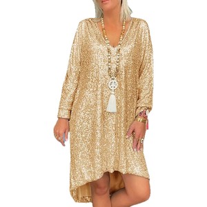 <b>Sequined</b> Shirt Dress V-Neck Asymmetric Loose Fit Cocktail Dress Gold Long Sleeve Women's Party Wear - Product Image 5