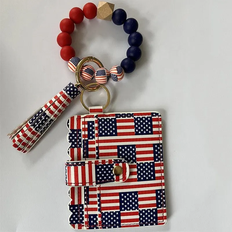 नई डिजाइन अमेरिकी ध्वज संयुक्त राज्य अमेरिका चाबी का गुच्छा सिलिकॉन मनका लटकन कुंजी श्रृंखला अमेरिका झंडा प्रिंट मनके बटुआ कंगन Llaveros Bander