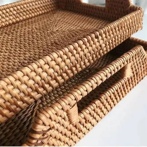 Unique Design Rattan Woven <b>Tray</b> Rustic Rattan Rectangle <b>Tray</b> With Handles for Serving <b>Dinner</b> Party Coffee - Product Image 4