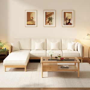 Nordic Style Solid Wood Rattan Sofa Set Three Seater L Shaped Upholstered Living Room Furniture Natural Wood Color - Product Image 3
