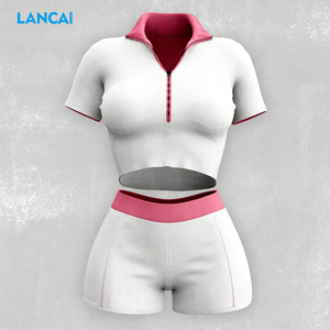 Lancai Custom Zip up Yoga Top and High Waist Shorts Leggings Gym Fitness Sportswear Workout Outfits Two Piece Set Women Clothing - Product Image 1