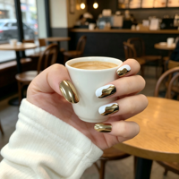 Faux Ongles Courts Carrés Dorés Chromés à Presser, Noir et Blanc Effet Métallique Liquide, Personnalisables avec Logo, Réutilisables, Vente en Gros