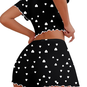 Ensemble pyjama pour femme à manches courtes et motif cœur, en jacquard côtelé, très vendu, pour le commerce électronique transfrontalier depuis l'Europe - Product Image 2
