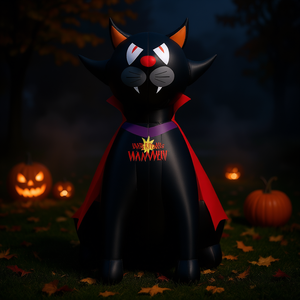 Chat vampire gonflable de 4,7 pieds, décoration de jardin d'Halloween en plein air, cape noire et rouge, matériau PVC - Product Image 2