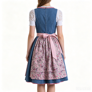 Robe Dirndl en jean pour femme, chemisier en dentelle blanche, tablier fleuri, nœud en <span class=keywords><strong>ruban</strong></span> rose, costume traditionnel bavarois pour l'Oktoberfest - Product Image 4