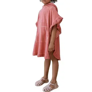 Pakaian Mandi Kolam Pantai Anak-anak Handuk Terry Musim Panas Anak Perempuan Kerut Ponco Bertudung
