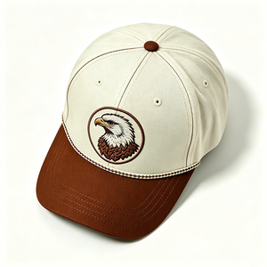 Casquette de baseball unisexe 6 panneaux 100 % coton style occidental sportif avec patch brodé aigle bicolore blanc et marron à visière incurvée - Product Image 3