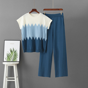 Fashion Summer Suit Contrast Color Quarter Sleeve Pullover <b>Knitted</b> Top Slim Wide Leg Pants Trousers Blouses Two-Piece <b>Knit</b> <b>Set</b> - Product Image 5