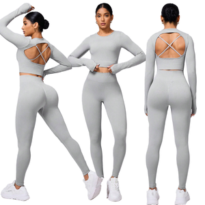 Set 2 Pezzi: Reggiseno Yoga Push-Up e Leggings a Vita Elastica Tinta Unita, Traspirante, Modellante, Anti-Sudore, in Spandex/Nylon, Lunghezza Intera - Product Image 1