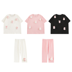 YOEHYAUL CD1469 Set di <span class=keywords><strong>abbigliamento</strong></span> estivo per ragazze con bambola coniglietta e leggings corti Set di t-shirt per bambini - Product Image 2