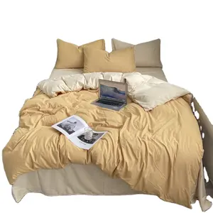 MOONZ Wholesale Wash Cotton Plain Color 4 piece comforter set, A B Version Polyester Factory price Yellow Duvet Bedding Set