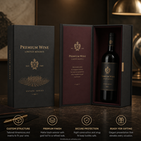 Boîte à vin verticale empilable à compartiment unique, surface noire mate texturée, avec coussin en soie bordeaux, pour la livraison de vin en e-commerce en ligne