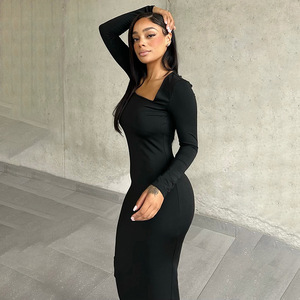 Abiti eleganti alla moda semplice tinta unita Slim Maxi abiti a spacco da donna <span class=keywords><strong>grande</strong></span> prezzo vestito svasato - Product Image 2