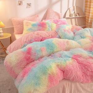 Haute qualité luxe arc-en-ciel couleur fausse fourrure velours moelleux en peluche doux ensembles de literie Collections 4 pièces chaud pour la maison hiver - Product Image 2