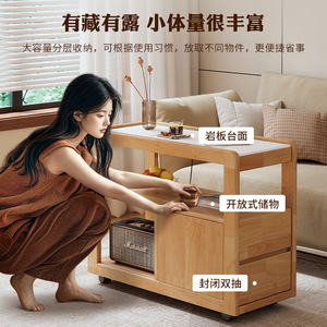 <b>Solid</b> <b>Wood</b> Side <b>Table</b> With Wheels Marble <b>Top</b> Multifunctional Living Room Coffee <b>Table</b> Storage Cabinet Small Mobile Trolley - Product Image 3