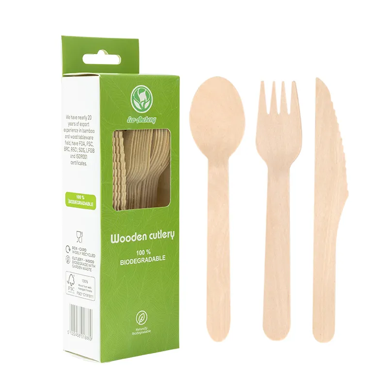 Eco Friendly 25 pcs Disposable Wooden Restaurant Knife fork spoon with box