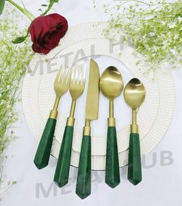 Stainless Steel Gold <b>Flatware</b> <b>Set</b> with Green Handle Eco-Friendly 5 and 7 Piece Place Setting for Wedding Parties and Events Bulk - Product Image 2