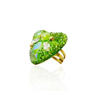 Crystal <b>Ring</b> Green Rhinestone Floral Design Gold Plated Stainless Steel <b>Adjustable</b> Band Fashion Jewelry - Product Image 2